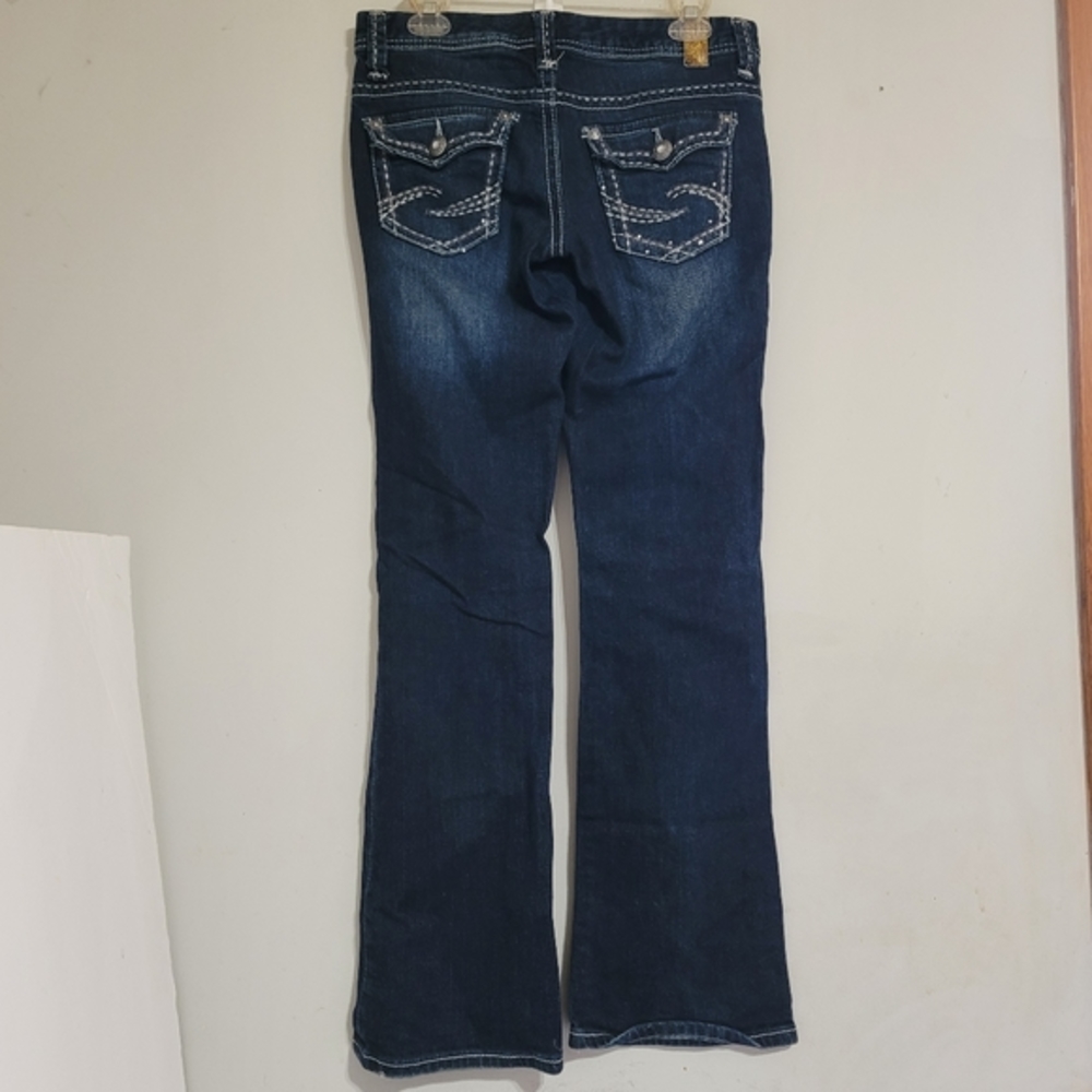 Jeans By Maurice Midrise Size 3/4 Regular Dark Wash White Stictch Gems Western. - Picture 4 of 6